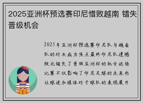 2025亚洲杯预选赛印尼惜败越南 错失晋级机会
