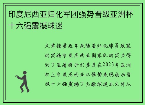 印度尼西亚归化军团强势晋级亚洲杯十六强震撼球迷