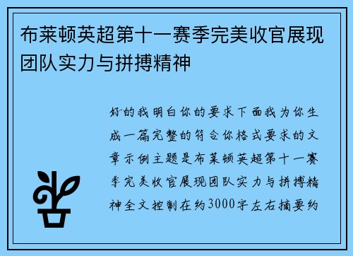 布莱顿英超第十一赛季完美收官展现团队实力与拼搏精神